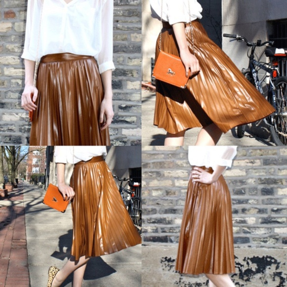 COPY - Zara Leather Brown Tan Pleated Midi Skirt